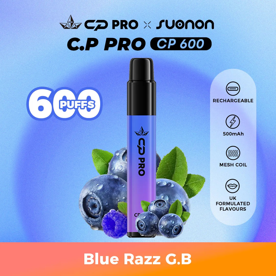 Suonon x CP Pro CP600 vape device with blue razz gb flavour on a colourful gradient background