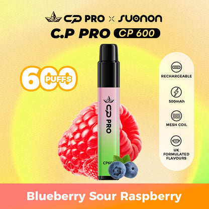 Suonon x CP Pro CP600 vape device with blueberry sour raspberry flavour on a colourful gradient background
