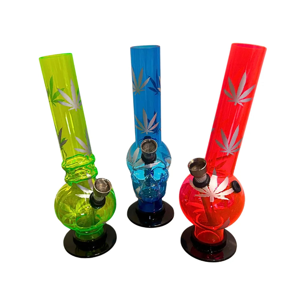 Three acrylic bongs in different colours on a white background.