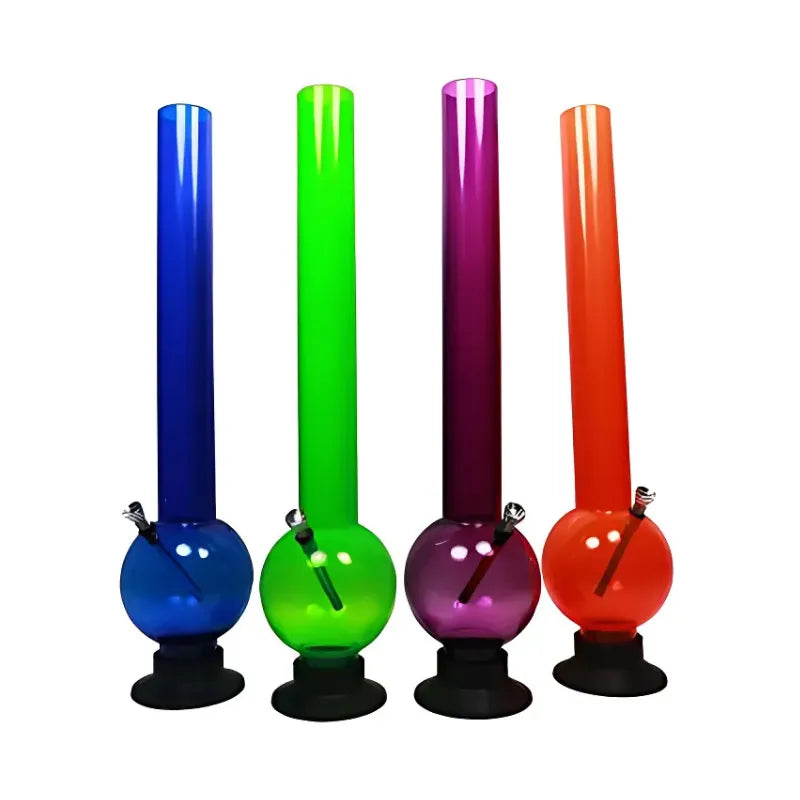 Four colorful acrylic smoking devices with black bases on a white background