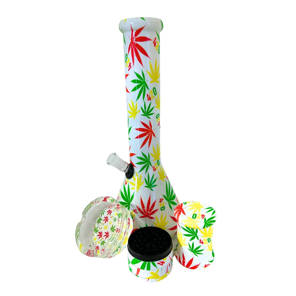 Bong and accessories with colourful leaf pattern on a white background
