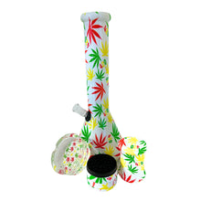 Bong and accessories with colourful leaf pattern on a white background