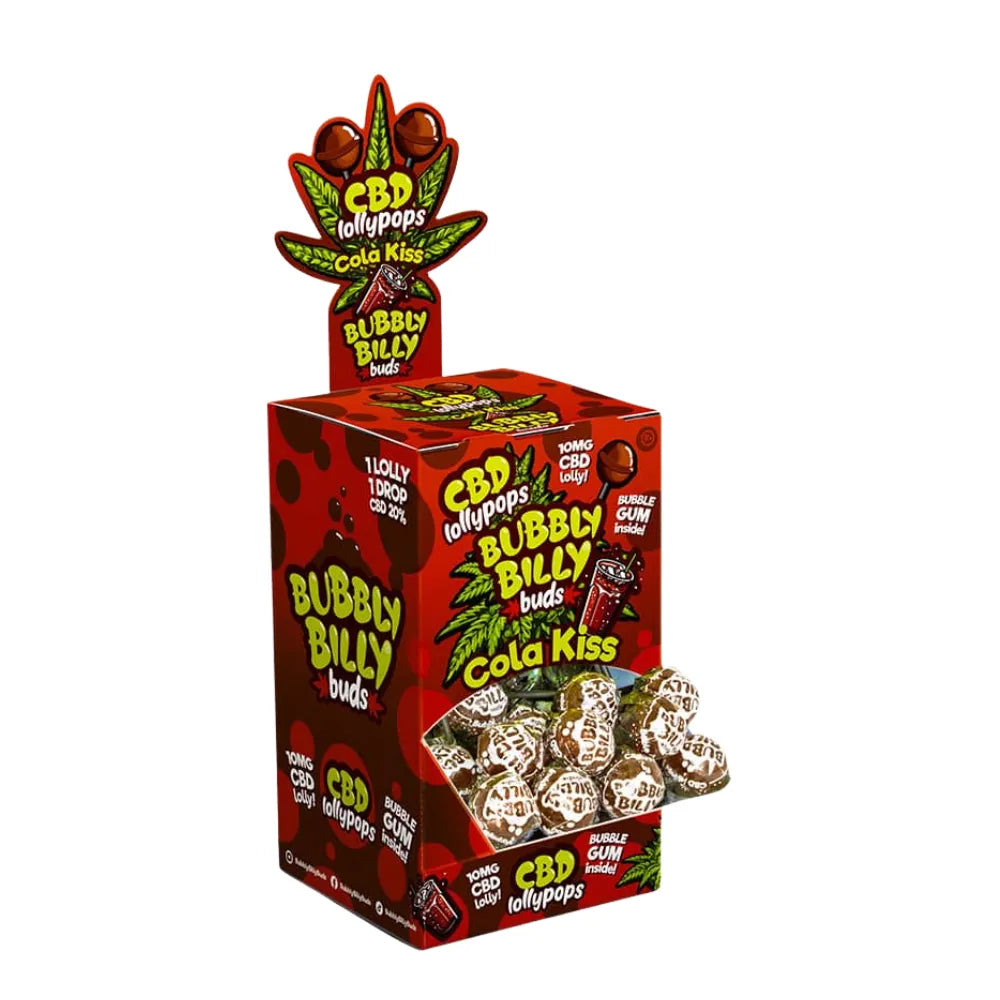 Box of CBD Bubbly Billy buds with lollypops on a white background