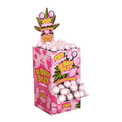 Display box of Bubbly Billy Cotton Candy CBD lollipops on a white background