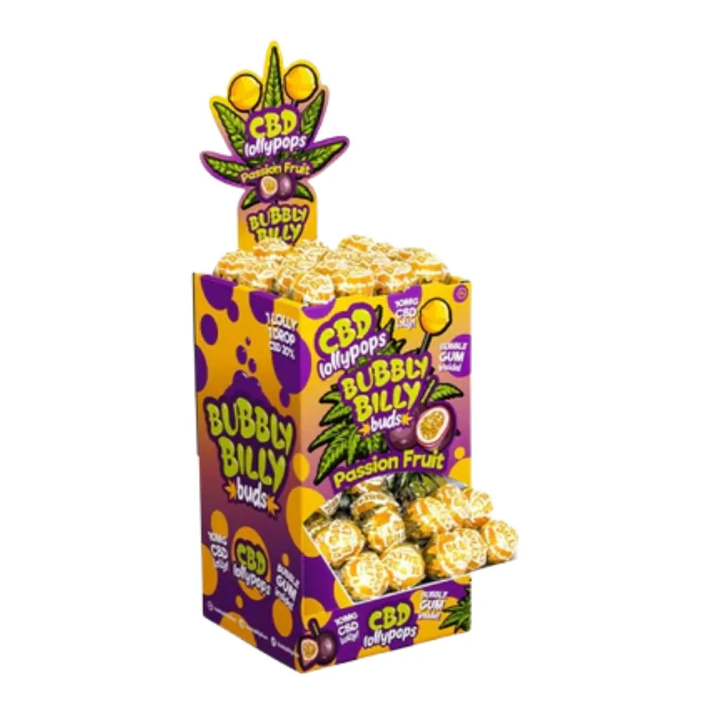 Box of CBD Bubbly Billy lollypops with passion fruit flavor on a white background