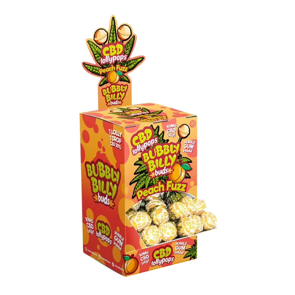 Box of Bubbly Billy CBD lollypops with peach flavor on a white background