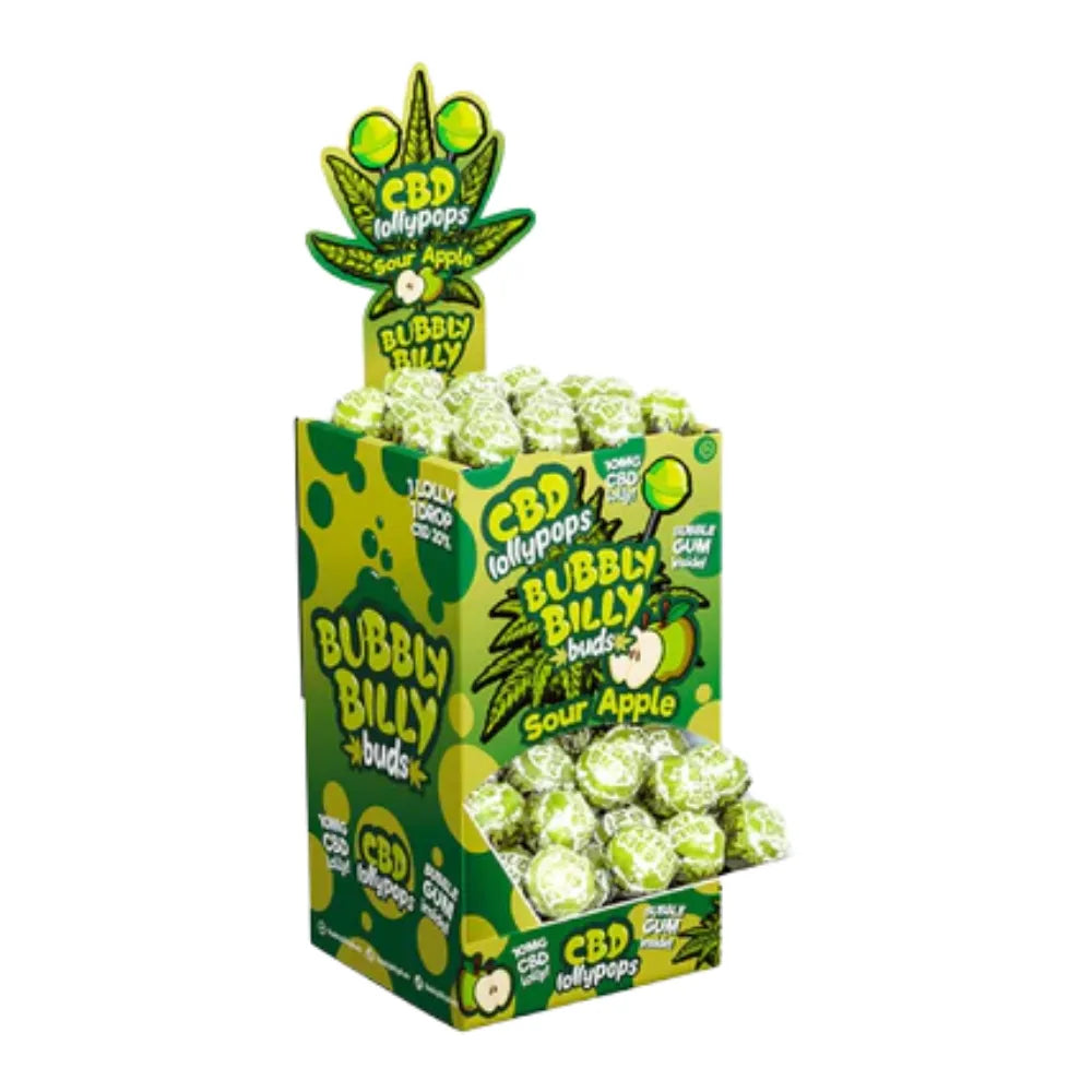 Box of CBD Bubbly Billy Sour Apple lollipops with green and yellow design.