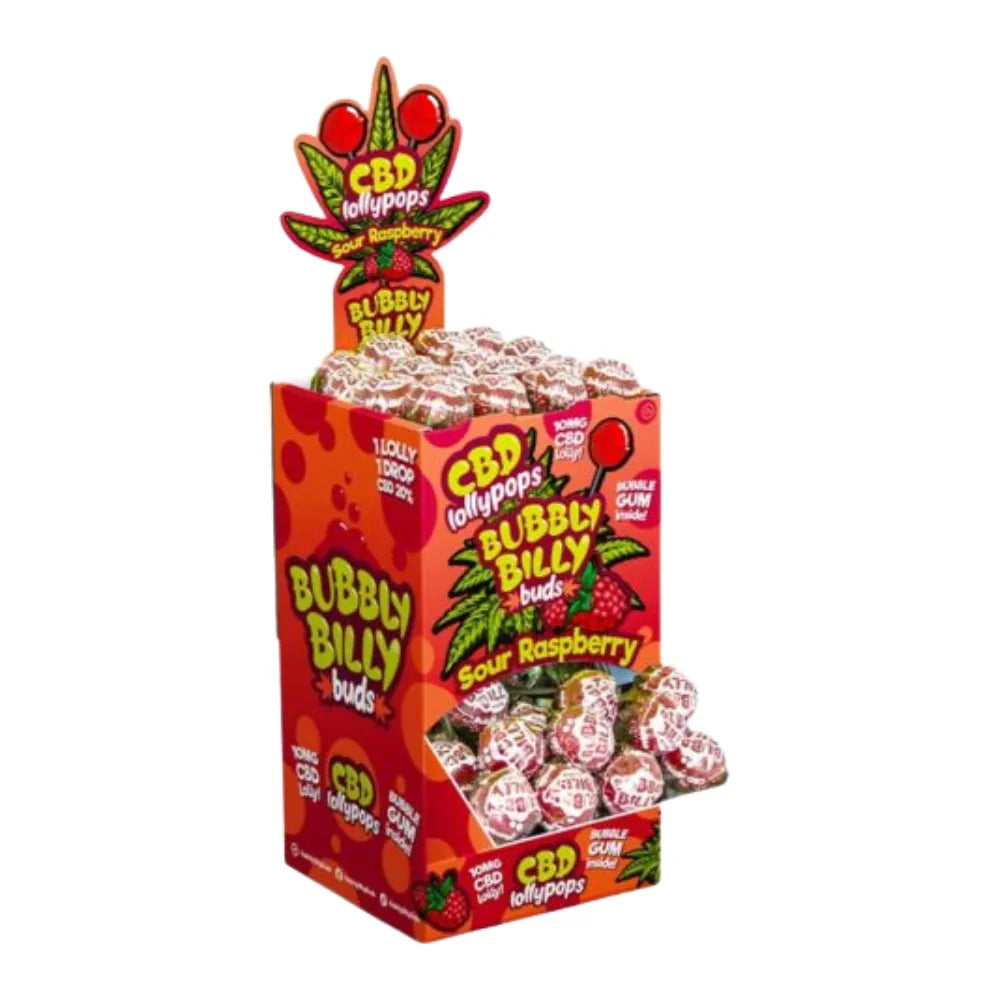 Box of CBD lollypops with colorful packaging on a white background