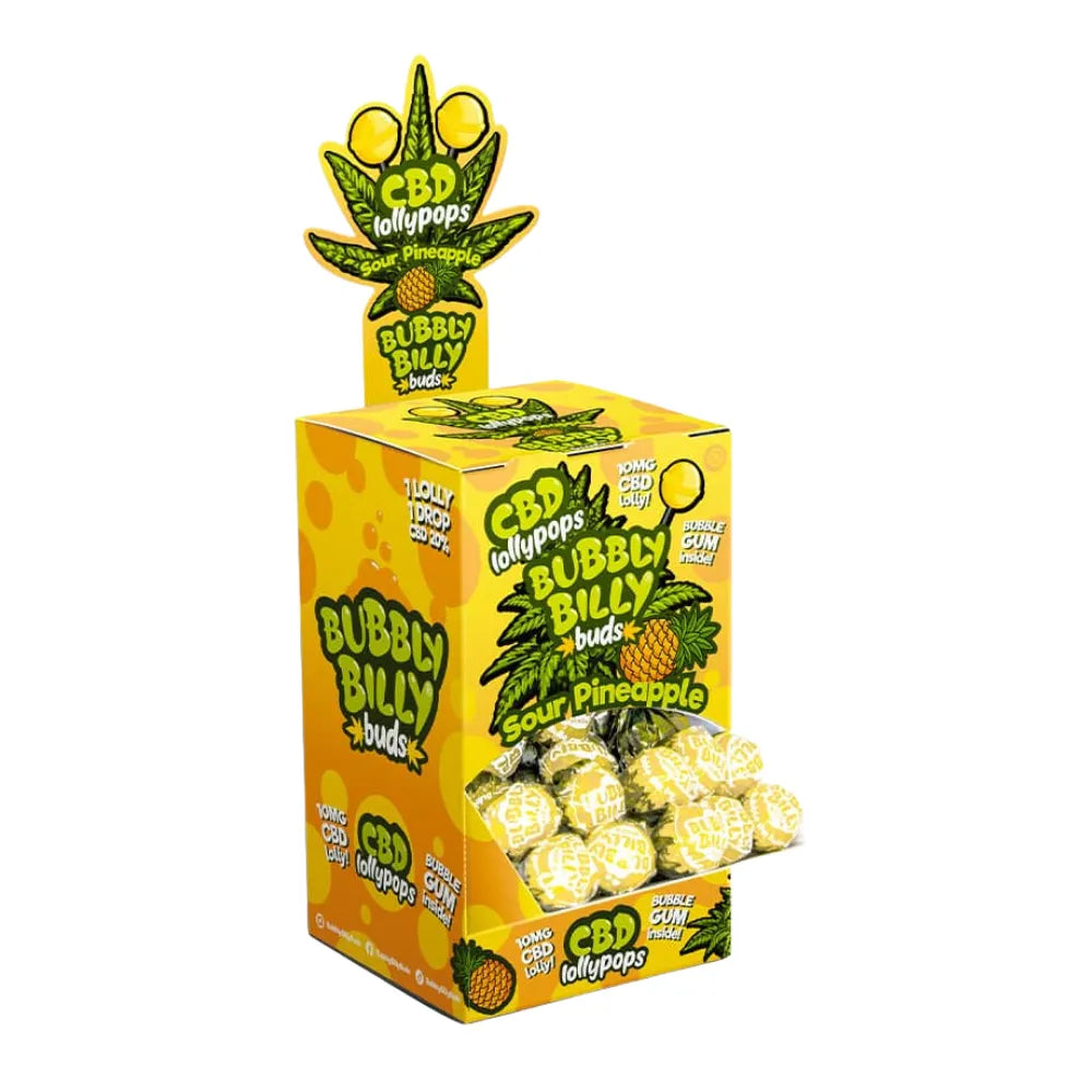 Box of Bubbly Billy CBD lollypops with pineapple flavor on a white background