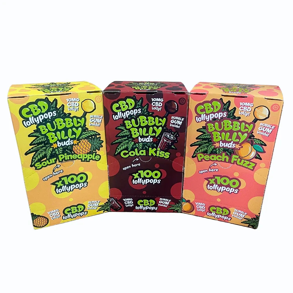 Three boxes of CBD lollypops with colorful designs and text on a white background.