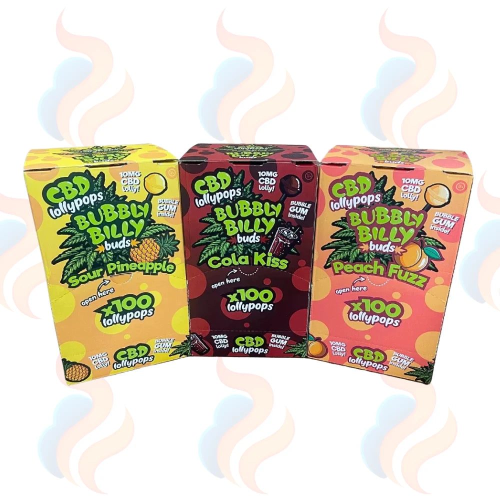 Three boxes of CBD Bubbly Billy lollypops with colourful packaging on a white background.