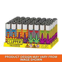 Pack of 48 Clipper lighters with colourful designs on a white background