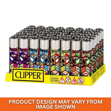 Box of 48 Clipper lighters with various designs on a white background