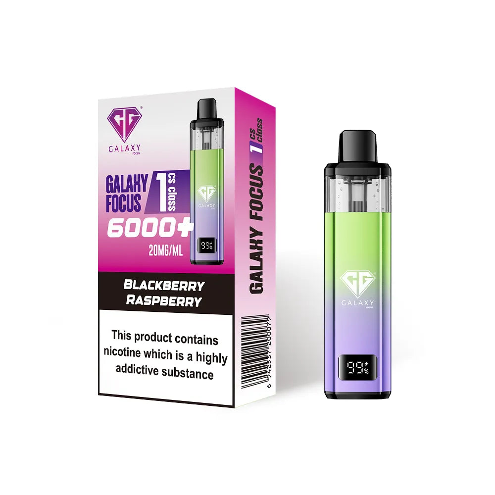 Crystal Galaxy Focus 1 6000 vape kit in the flavour blackberry raspberry with packaging on a white background