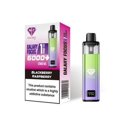 Crystal Galaxy Focus 1 6000 vape kit in the flavour blackberry raspberry with packaging on a white background