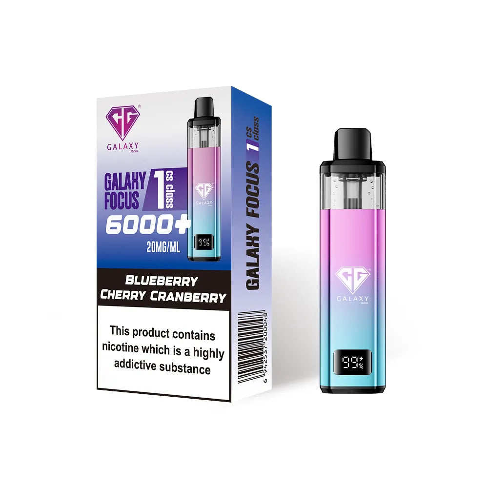 Crystal Galaxy Focus 1 6000 vape kit in the flavour blueberry cherry cranberry with packaging on a white background