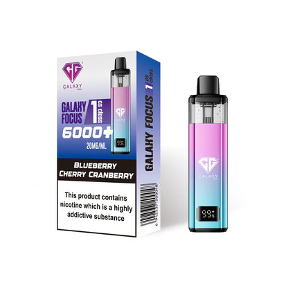 Crystal Galaxy Focus 1 6000 vape kit in the flavour blueberry cherry cranberry with packaging on a white background