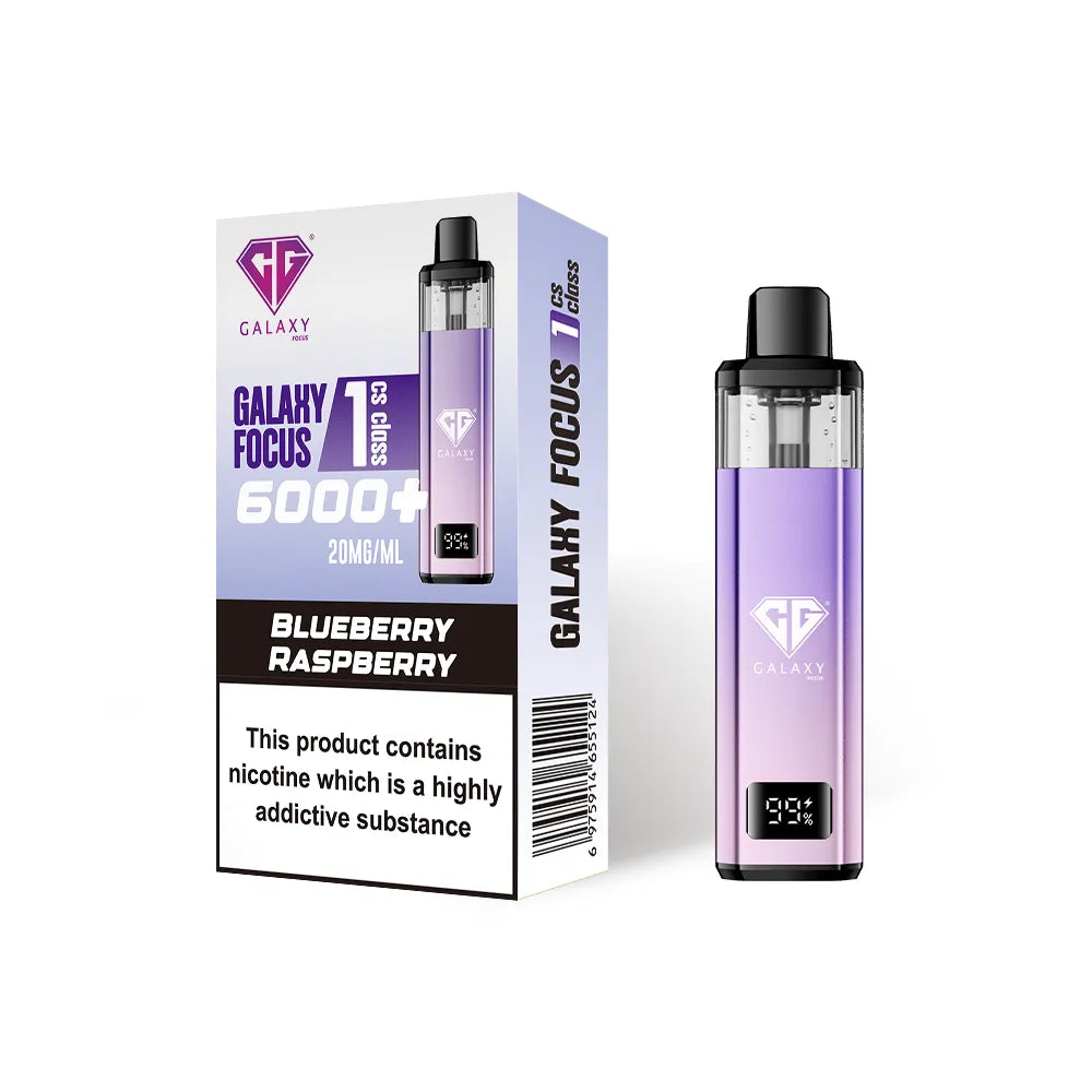 Crystal Galaxy Focus 1 6000 vape kit in the flavour blueberry raspberry with packaging on a white background