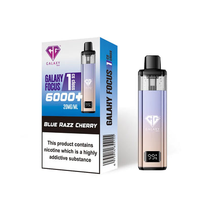 Crystal Galaxy Focus 1 6000 vape kit in the flavour blue razz cherry with packaging on a white background