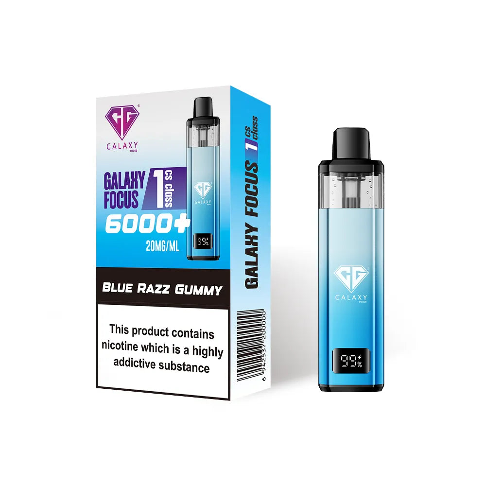 Crystal Galaxy Focus 1 6000 vape kit in the flavour blue razz gummy with packaging on a white background