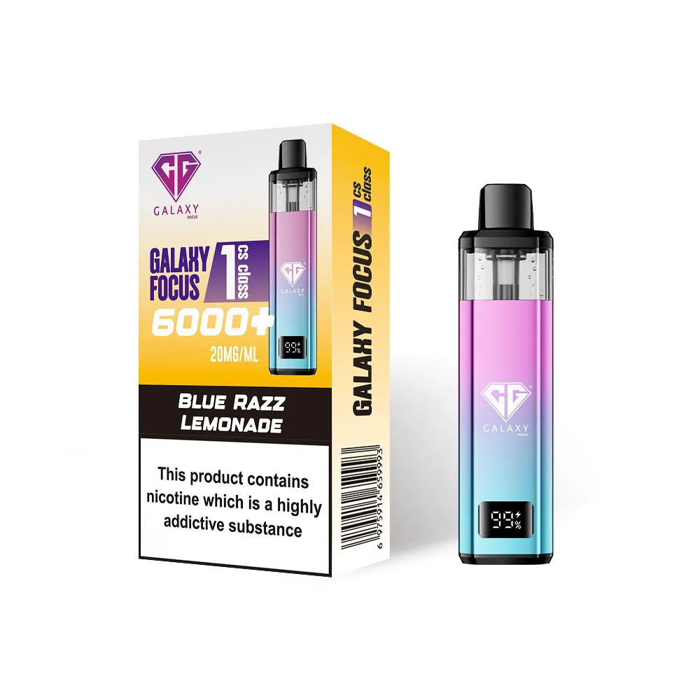 Crystal Galaxy Focus 1 6000 vape kit in the flavour blue razz lemonade with packaging on a white background
