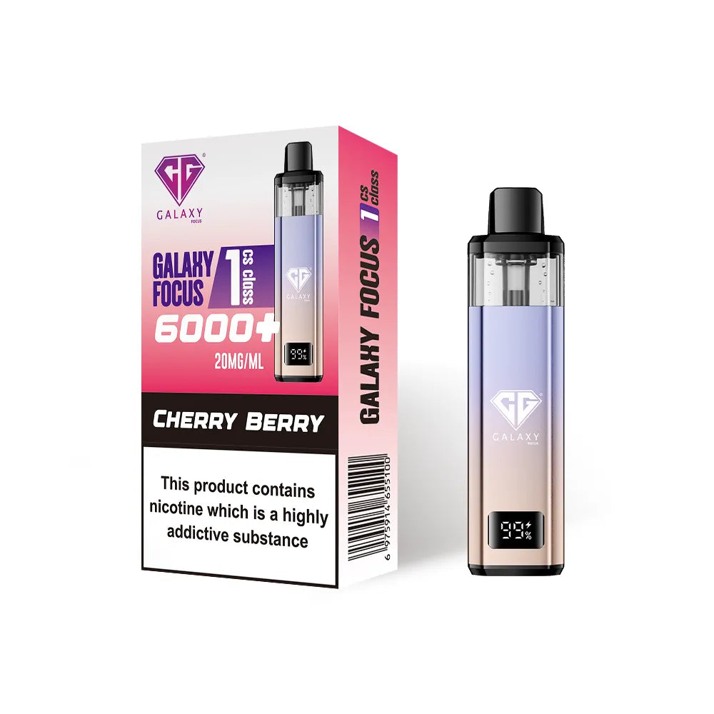 Crystal Galaxy Focus 1 6000 vape kit in the flavour cherry berry with packaging on a white background