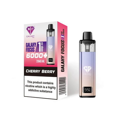 Crystal Galaxy Focus 1 6000 vape kit in the flavour cherry berry with packaging on a white background