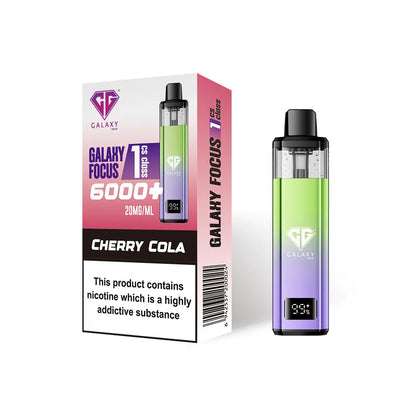 Crystal Galaxy Focus 1 6000 vape kit in the flavour cherry cola with packaging on a white background