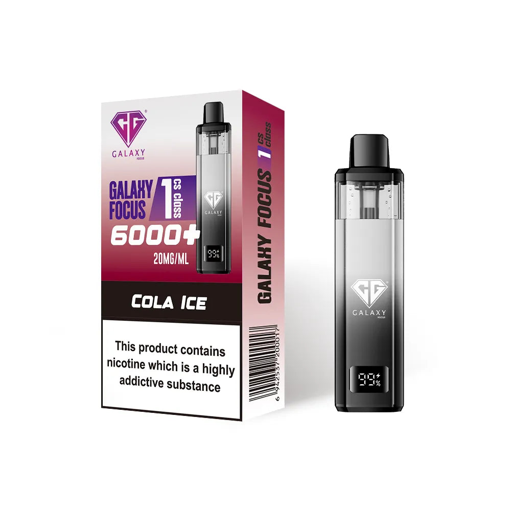 Crystal Galaxy Focus 1 6000 vape kit in the flavour cola ice with packaging on a white background