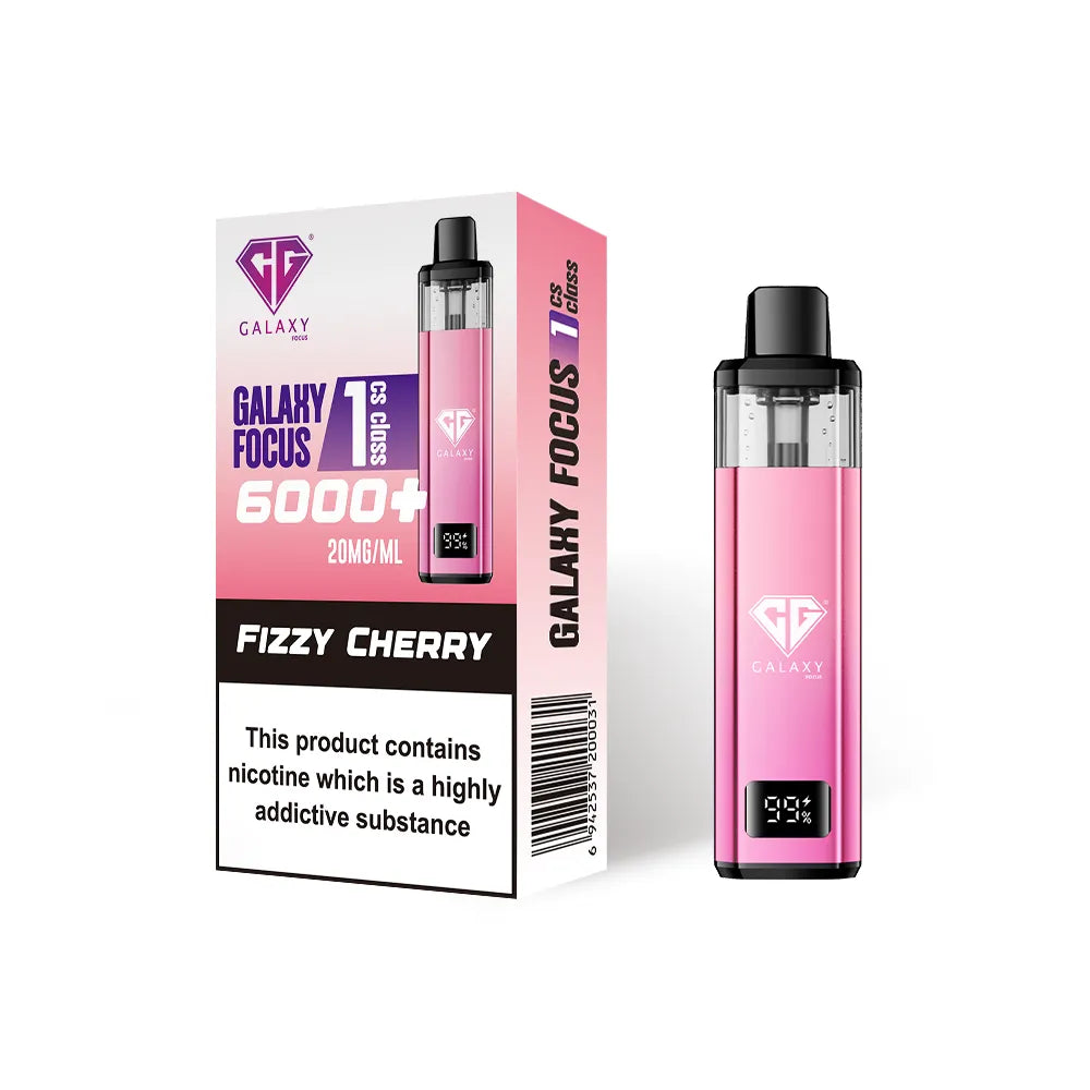 Crystal Galaxy Focus 1 6000 vape kit in the flavour fizzy cherry with packaging on a white background