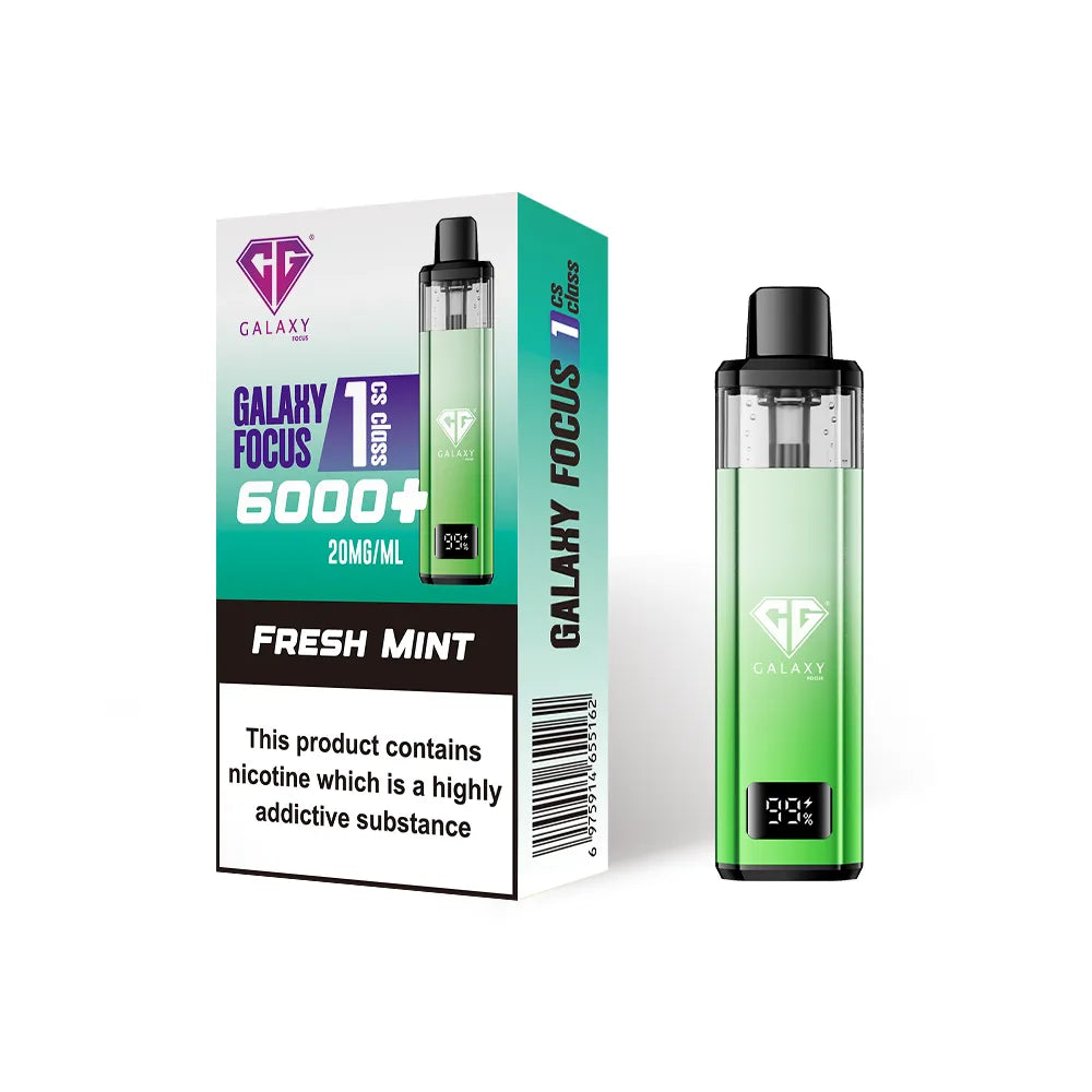 Crystal Galaxy Focus 1 6000 vape kit in the flavour fresh mint with packaging on a white background