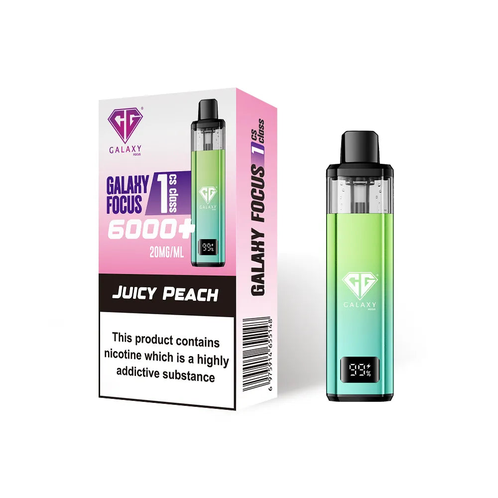 Crystal Galaxy Focus 1 6000 vape kit in the flavour juicy peach with packaging on a white background
