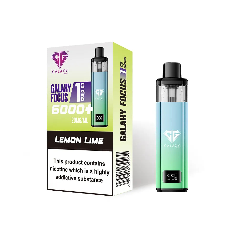 Crystal Galaxy Focus 1 6000 vape kit in the flavour lemon lime with packaging on a white background
