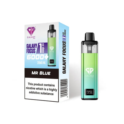 Crystal Galaxy Focus 1 6000 vape kit in the flavour mr blue with packaging on a white background