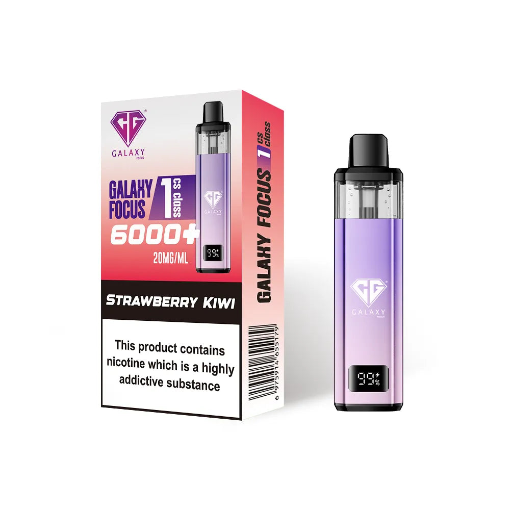 Crystal Galaxy Focus 1 6000 vape kit in the flavour strawberry kiwi with packaging on a white background