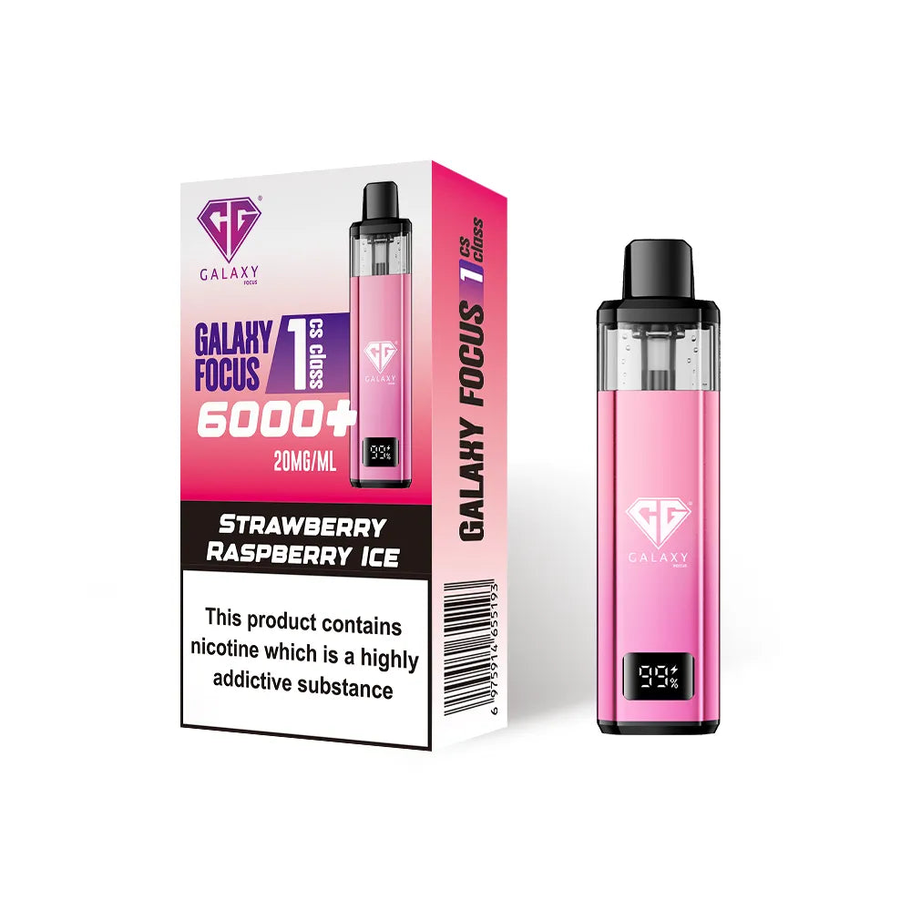 Crystal Galaxy Focus 1 6000 vape kit in the flavour strawberry raspberry ice with packaging on a white background