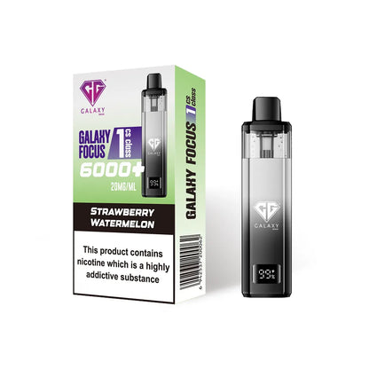Crystal Galaxy Focus 1 6000 vape kit in the flavour strawberry watermelon with packaging on a white background