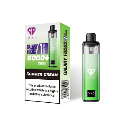 Crystal Galaxy Focus 1 6000 vape kit in the flavour summer dream with packaging on a white background
