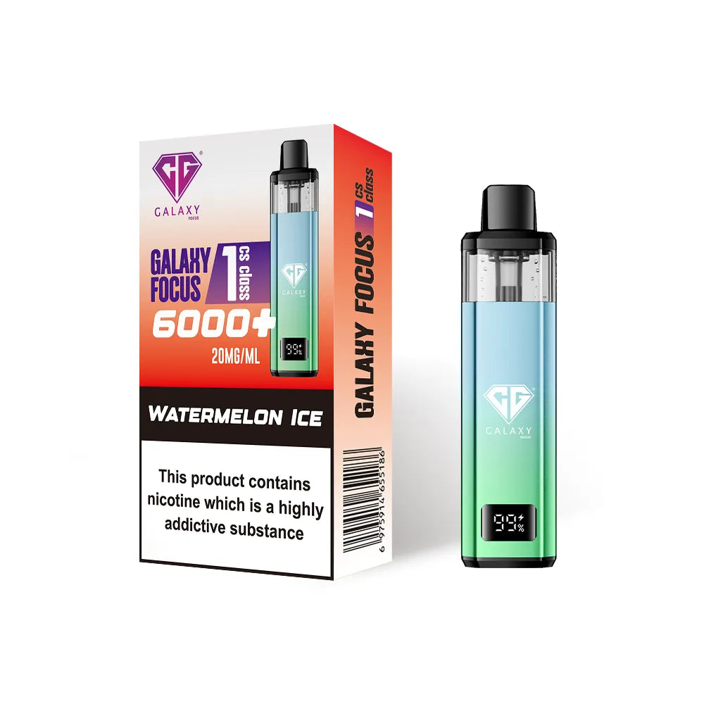 Crystal Galaxy Focus 1 6000 vape kit in the flavour watermelon ice with packaging on a white background