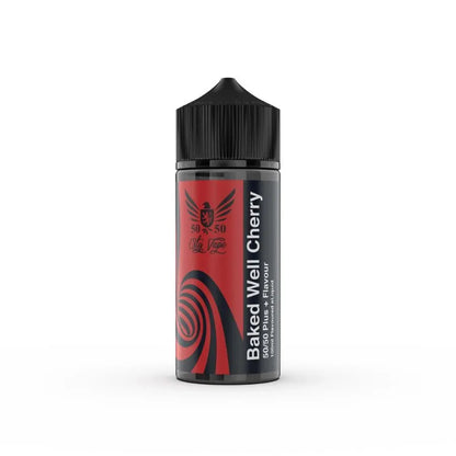 Bottle of 'Baked Well Cherry' vape juice with a black and red label on a white background