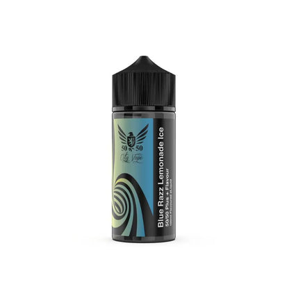 Vape juice bottle labeled 'Blue Razz Lemonade Ice' by 50/50 on a white background
