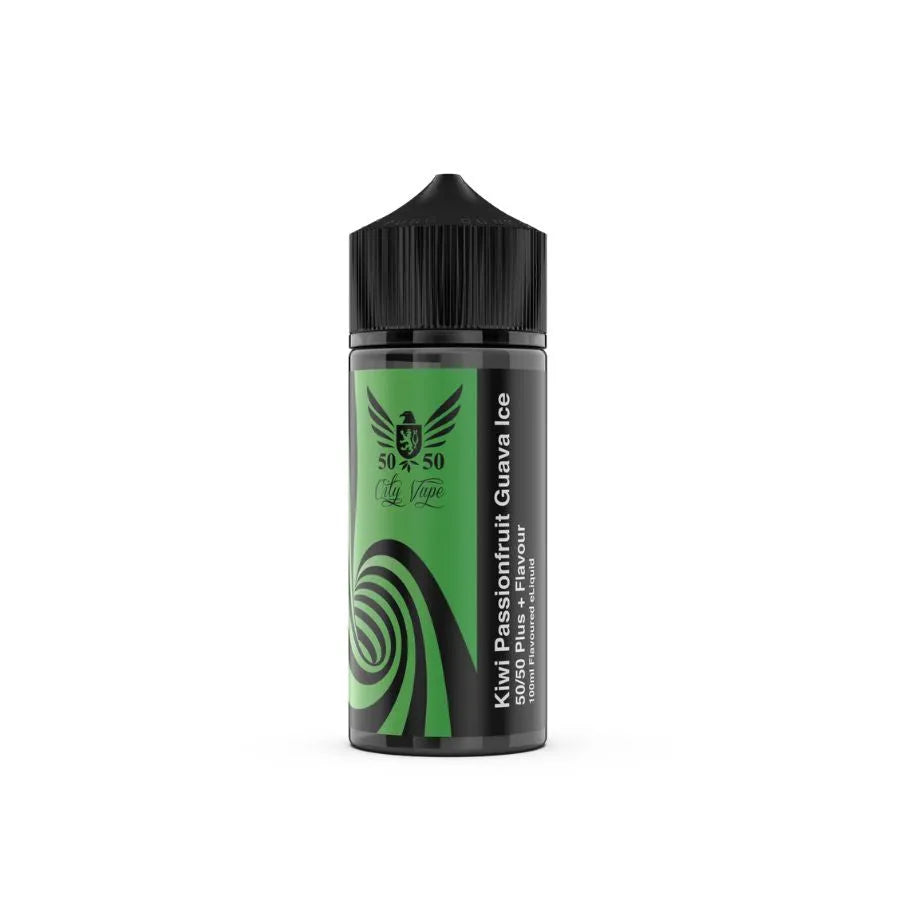 kiwi passionfruit guava ice Vape juice bottle with green label on a white background