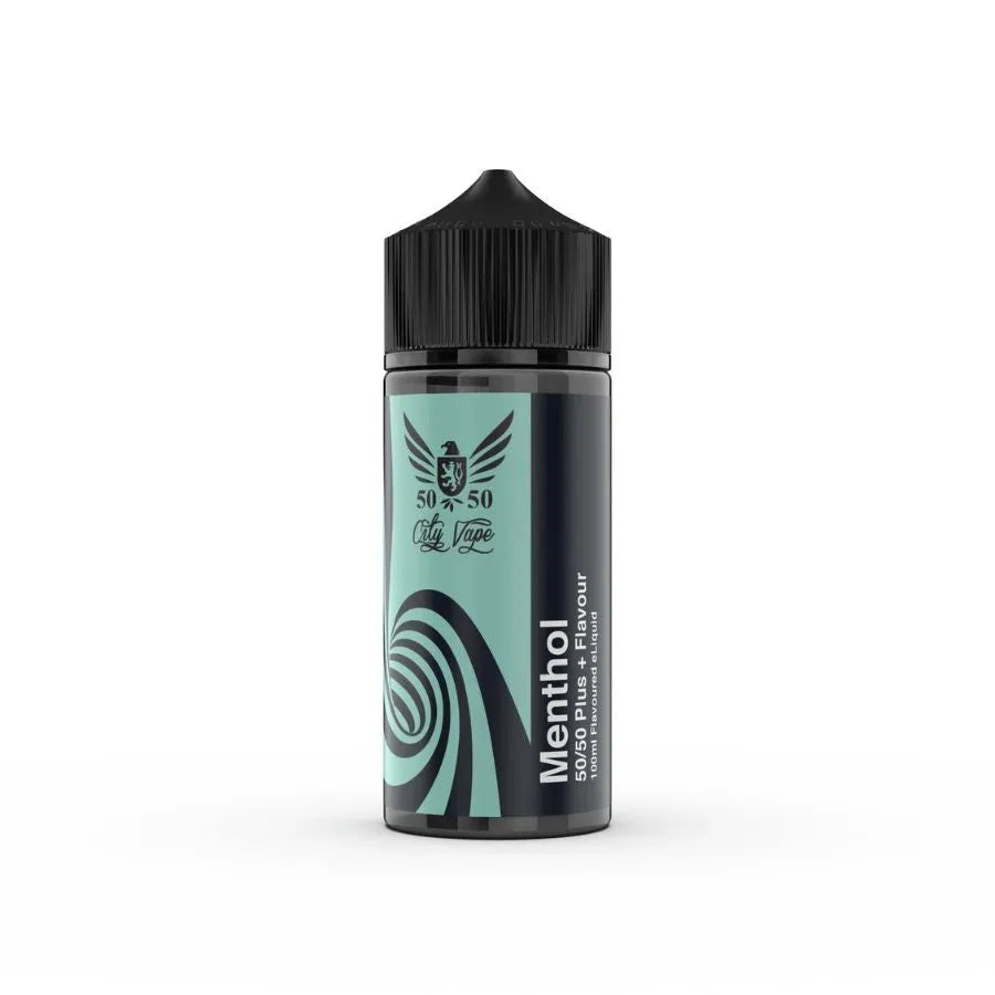menthol Vape juice bottle with black cap and green label on a white background