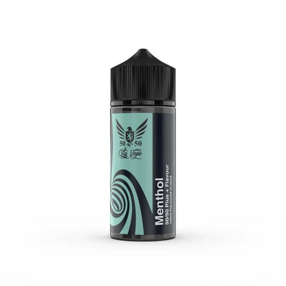 menthol Vape juice bottle with black cap and green label on a white background