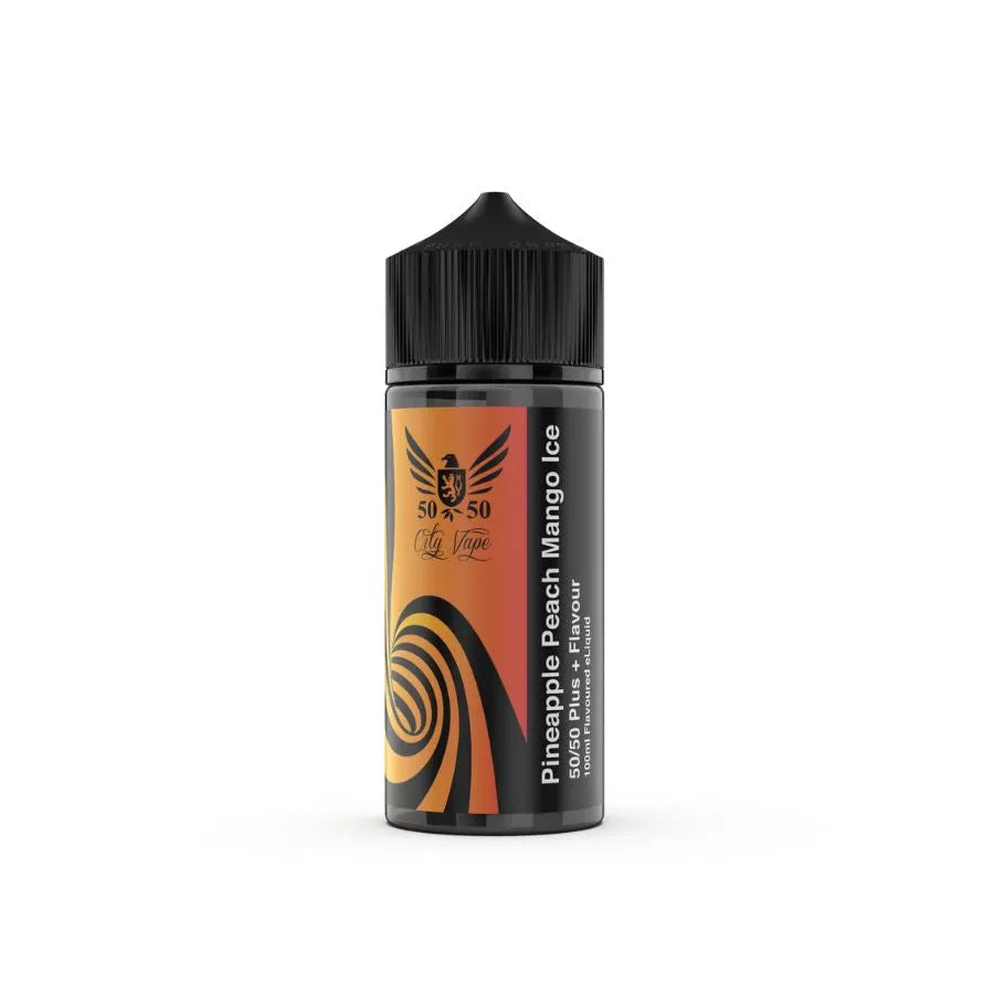 pineapple peach mango ice Vape juice bottle with black cap and orange label on a white background