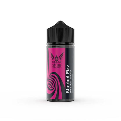 sherbet fizz Vape juice bottle with pink label and black cap on a white background
