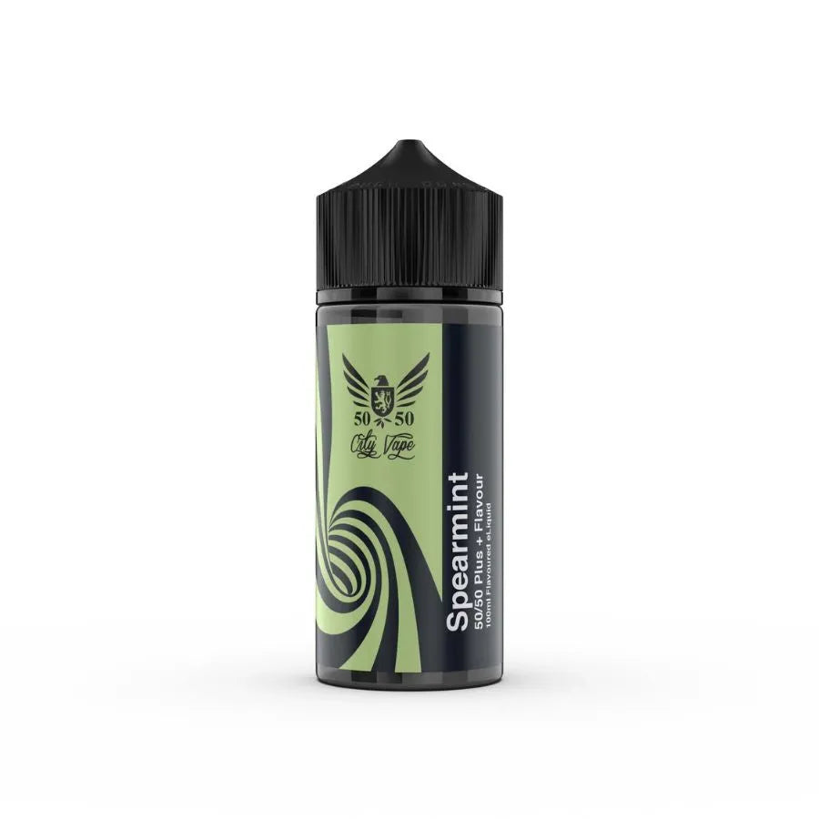 Vape juice bottle with spearmint flavor on a white background