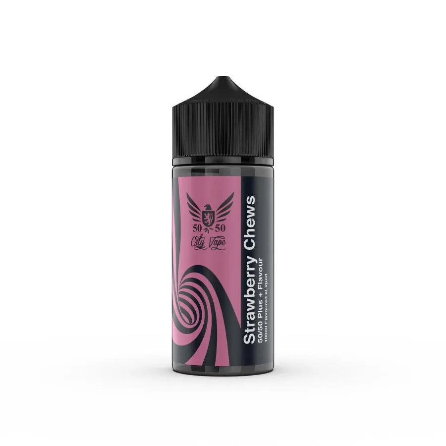 strawberry chews Vape juice bottle with pink label and black cap on a white background