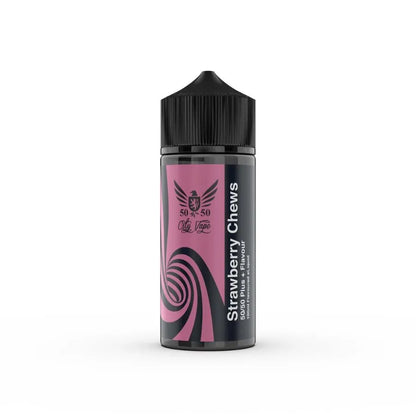 strawberry chews Vape juice bottle with pink label and black cap on a white background
