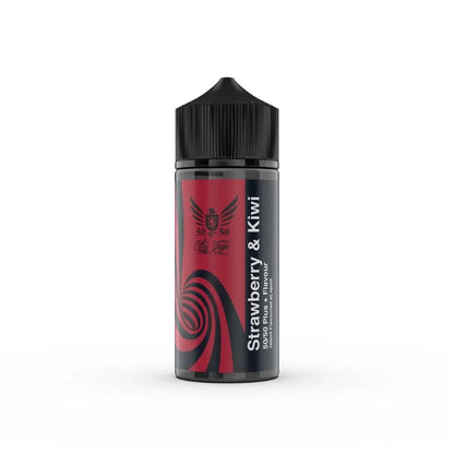 strawberry kiwi Vape juice bottle with red and black design on a white background